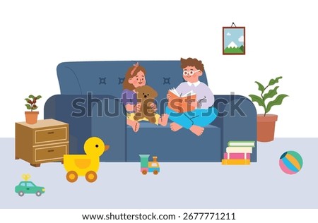 Flat illustration of children reading on a sofa
