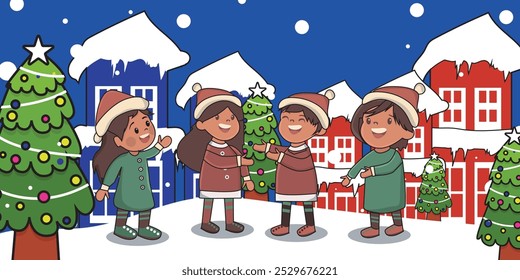Flat illustration of children wearing Christmas sweaters, wearing red hats and shoes. greet each other and happily welcome winter and Christmas Day, December 25, New Year.