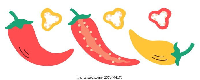 Flat illustration of chili peppers showing whole, halved, and cross-section views, perfect for spicy food designs, cooking projects, and vegetable-themed illustrations.