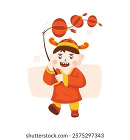 Flat illustration of Chinese boy character playing lampion lantern