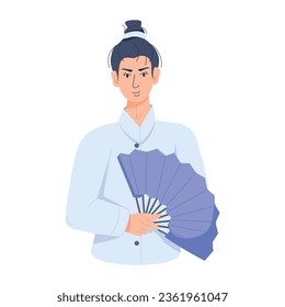 Flat illustration of a chinese boy holding fan 