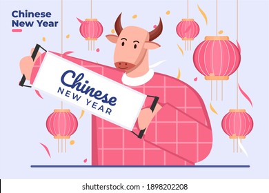 Flat illustration of Chinese new year celebration with Ox zodiac mascot with china traditional lantern lampion, Chinese Lunar New Year Festive, Cow zodiac, Greeting happy new years.