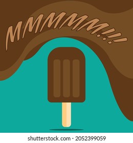 A flat illustration of chocolate pop with a stick and the words mmmm as the title