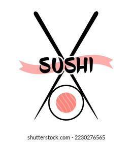 Flat illustration of chopsticks holding a sushi roll. Sushi as a symbol of asian food.