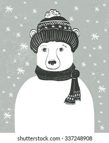 Flat illustration with Christmas bear on blue background with snowflakes