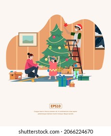Flat Illustration Christmas Family arranging Christmas tree Can be used for print, web, app