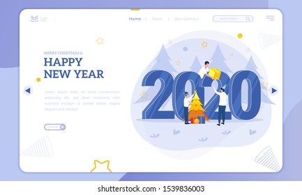 Flat illustration for Christmas and New Year on the landing page template, Christmas tree decorations and background number 2020