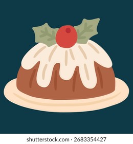 Una ilustración plana de un pudín de Navidades, completo con un glaseado blanco y una decoración de baya roja y acebo.