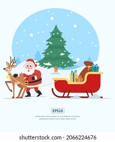 Flat Illustration Christmas Santa Claus with reindeer Can be used for print, web, app, infographic