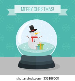 Flat illustration of christmas snow ball with little snowman and snowflakes.