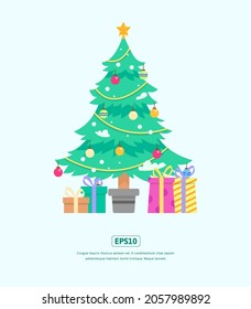 Flache Illustration, Weihnachtsbaum und Geschenkbox, die für Web, App, Infografik, Druck usw. verwendet werden