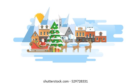 Flat Illustration of Christmas Tree in Snowy Landscape with Santa Claus. Vector Design.