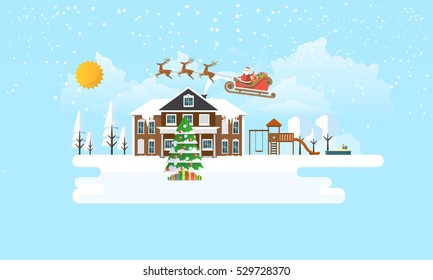 Flat Illustration of Christmas Tree in Snowy Landscape with Santa Claus. Vector Design.