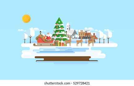 Flat Illustration of Christmas Tree in Snowy Landscape with Santa Claus. Vector Design.