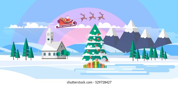 Flat Illustration of Christmas Tree in Snowy Landscape with Santa Claus. Vector Design.
 - Shutterstock ID 529728427
