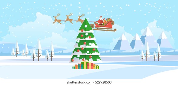 Flat Illustration of Christmas Tree in Snowy Landscape with Santa Claus. Vector Design.
