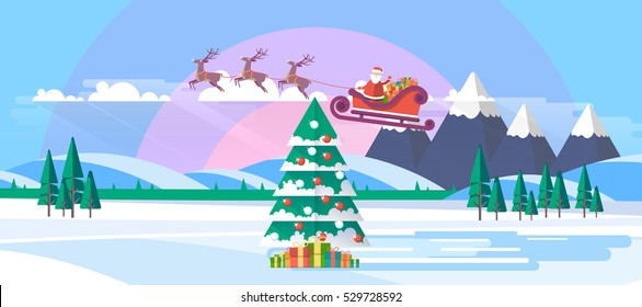 Flat Illustration of Christmas Tree in Snowy Landscape with Santa Claus. Vector Design.
