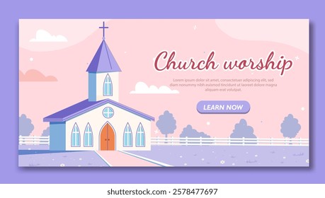 Flat illustration of a church with a purple roof and cross, set against a pink sky with clouds, surrounded by trees, fence, and flowers. Concept of worship. Vector illustration.