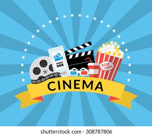 Flat illustration of cinema industry symbols such as Pop corn, 3d glasses, ticket, film