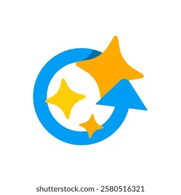 Flat illustration of a circular arrow with a sparkling effect, symbolizing automation, auto fill, or AI powered processes. represents efficiency, smart technology, and seamless workflow automation