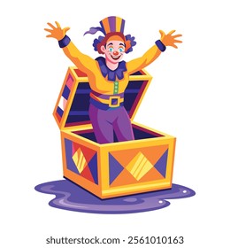 A flat illustration of a circus artist come from a box 

