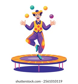 A flat illustration of a circus character doing juggling and trampoline jump at a time 
