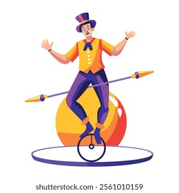 A flat illustration of a circus character riding unicycle 

