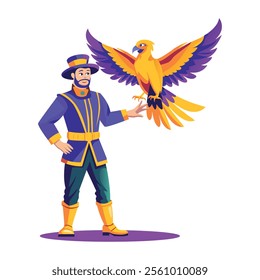 A flat illustration of a circus character showing bird magic 

