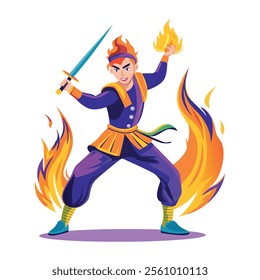 A flat illustration of a circus character showing his trick with sword and fire 

