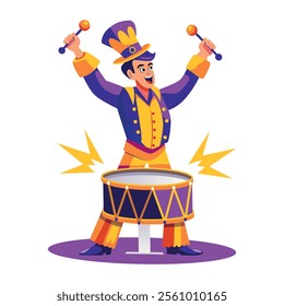 A flat illustration of a circus drummer beating drum with sticks 

