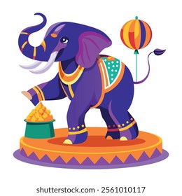 A flat illustration of a circus elephant dancing on a stage 

