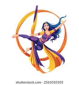 A flat illustration of a circus girl doing aerial dance 

