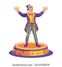 A flat illustration of a circus ringmaster character standing on a stage 