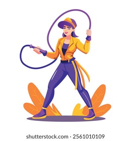 A flat illustration of a circus woman holding a sticker rope 
