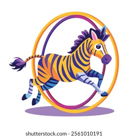 A flat illustration of circus zebra jumping from hoop rings 

