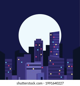 Ilustración plana, retrato de una ciudad, cielo, nubes, ilustración 3d con edificios, ventanas, puertas Vector EPS