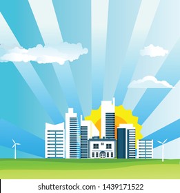 Flat illustration of City buildings in horizon  Countryside view, city and on summer Landscape vector. Sun and sun rays