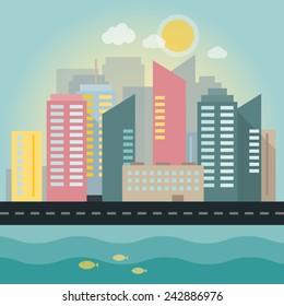 Flat illustration of a city in daylight with sea.