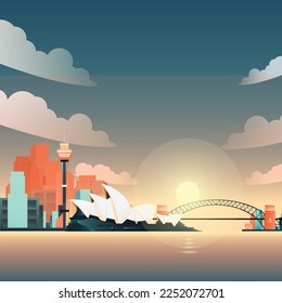 flat illustration of city harbor view at sunset for website and social media