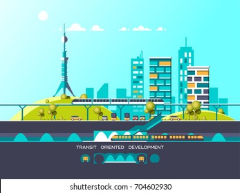 Flat illustration with city landscape. Transport mobility and smart city. Traffic info graphics design elements with transport, including bus, metro, train, cars.