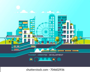 Flat illustration with city landscape. Transport mobility and smart city. Traffic info graphics design elements with transport, including bus, metro, train, cars.