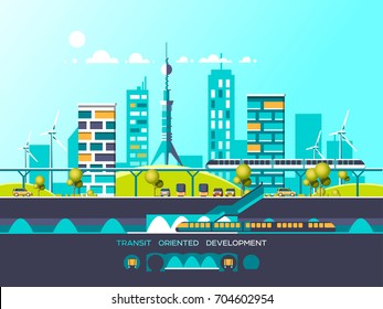 Flat illustration with city landscape. Transport mobility and smart city. Traffic info graphics design elements with transport, including bus, metro, train, cars.