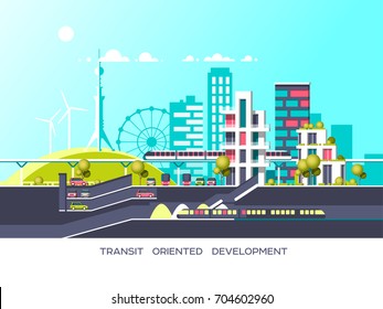 Flat illustration with city landscape. Transport mobility and smart city. Traffic info graphics design elements with transport, including bus, metro, train, cars.