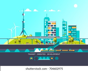 Flat Illustration With City Landscape. Transport Mobility And Smart City. Traffic Info Graphics Design Elements With Transport, Including Bus, Metro, Train, Cars.