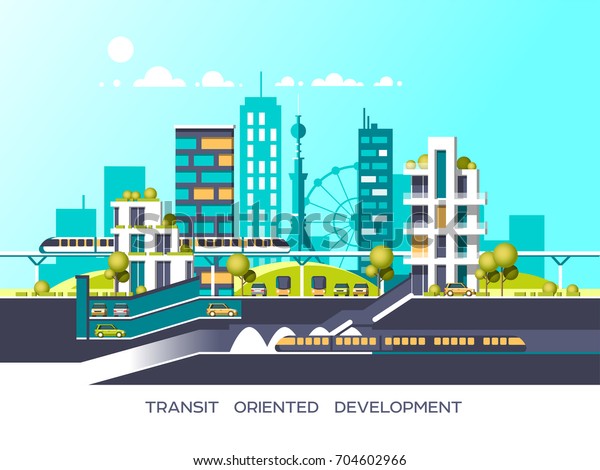 Flat illustration with\
city landscape. Transport mobility and smart city. Traffic info\
graphics design elements with transport, including bus, metro,\
train, cars.