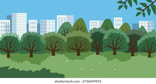 Flat Illustration of a City Park with Green Trees and Buildings. Urban Environment Concept with Buildings and Park. City Buildings Behind Green Park Landscape