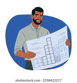 A flat illustration of a city planner holding a construction map
