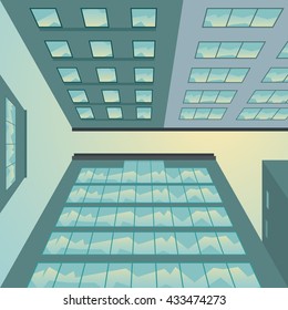 Flat illustration of a city in a suspended view in the morning light. 