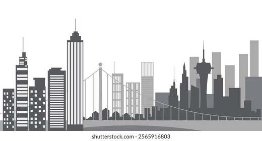Flat illustration cityscape with urban buildings, roads, and bridges in a monochrome palette.
