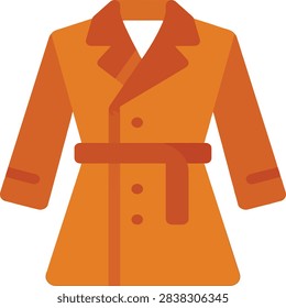 A flat illustration of a classic double-breasted trench coat in a vibrant orange hue, featuring a matching belt cinched at the waist.